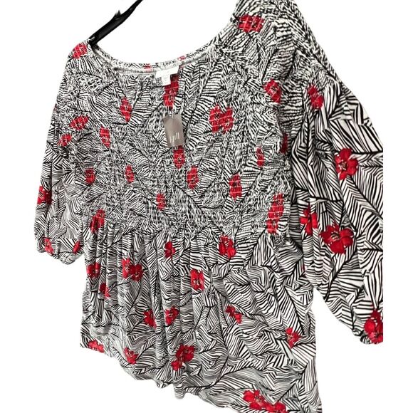J Jill Smocked Top Womens M Black White Red Floral On Off Shoulder Blouse NEW - Picture 4 of 16
